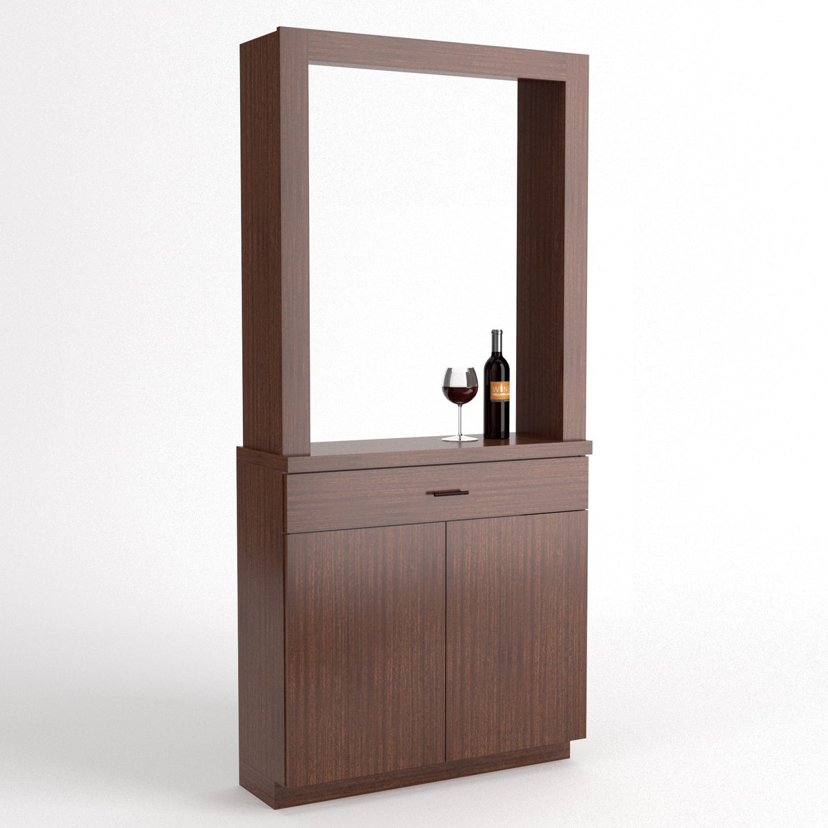 Medium brown wood cabinet tasting station with mirrored opening, wine bottle and stem glass