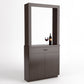 Front-facing dark wood cabinet tasting station with mirrored opening, wine bottle and glass