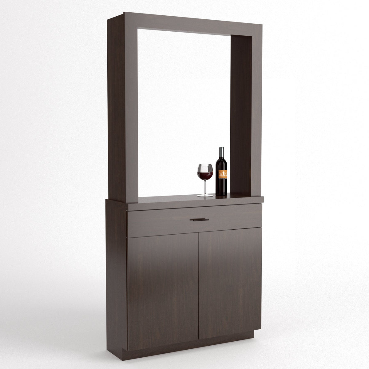 Front-facing dark wood cabinet tasting station with mirrored opening, wine bottle and glass