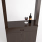 Side view dark wood cabinet tasting station with serving shelf, wine bottle and glass