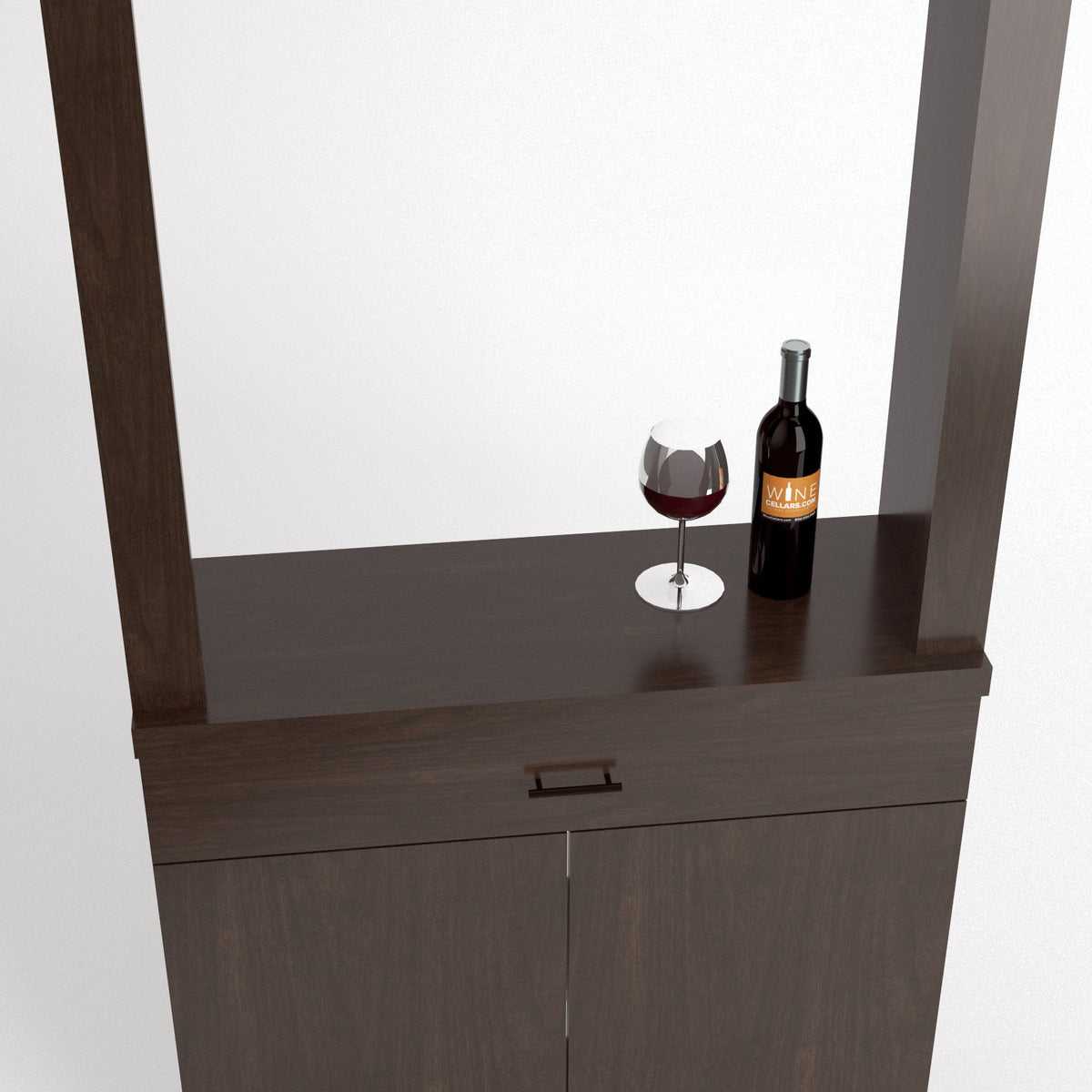 Side view dark wood cabinet tasting station with serving shelf, wine bottle and glass