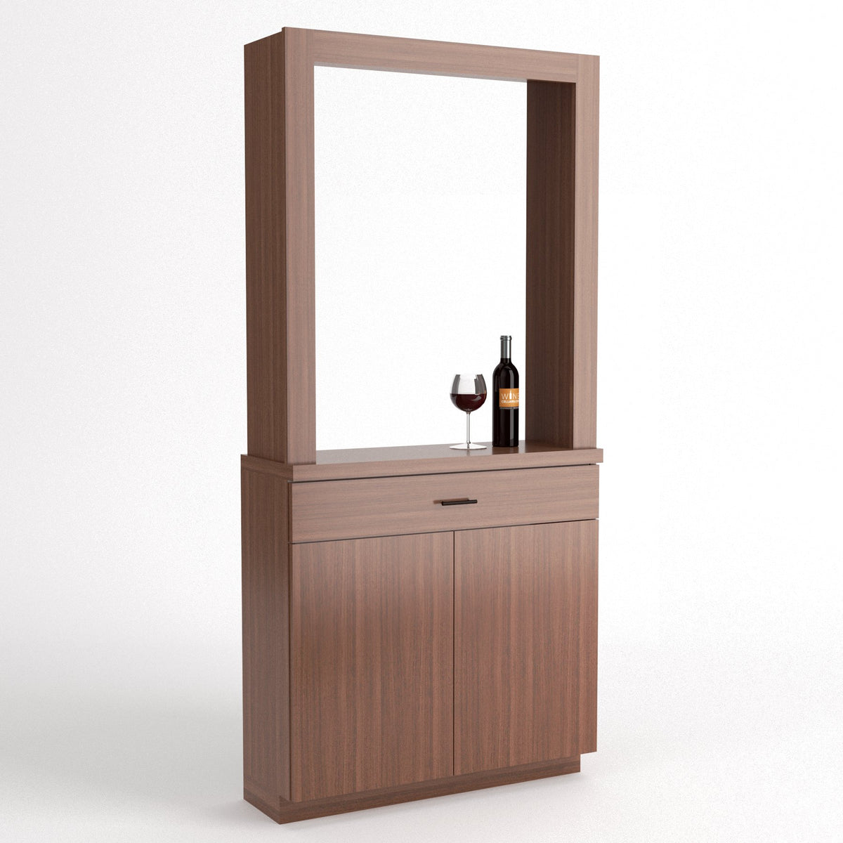 Natural wood cabinet tasting station with mirrored opening, wine bottle and stem glass