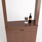 Natural wood cabinet tasting station with serving shelf and drawer, wine bottle and glass
