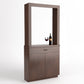 Brown wood cabinet-style wine tasting station with framed opening, drawer, and doors
