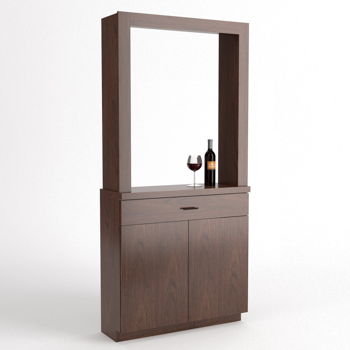 Brown wood cabinet-style wine tasting station with framed opening, drawer, and doors