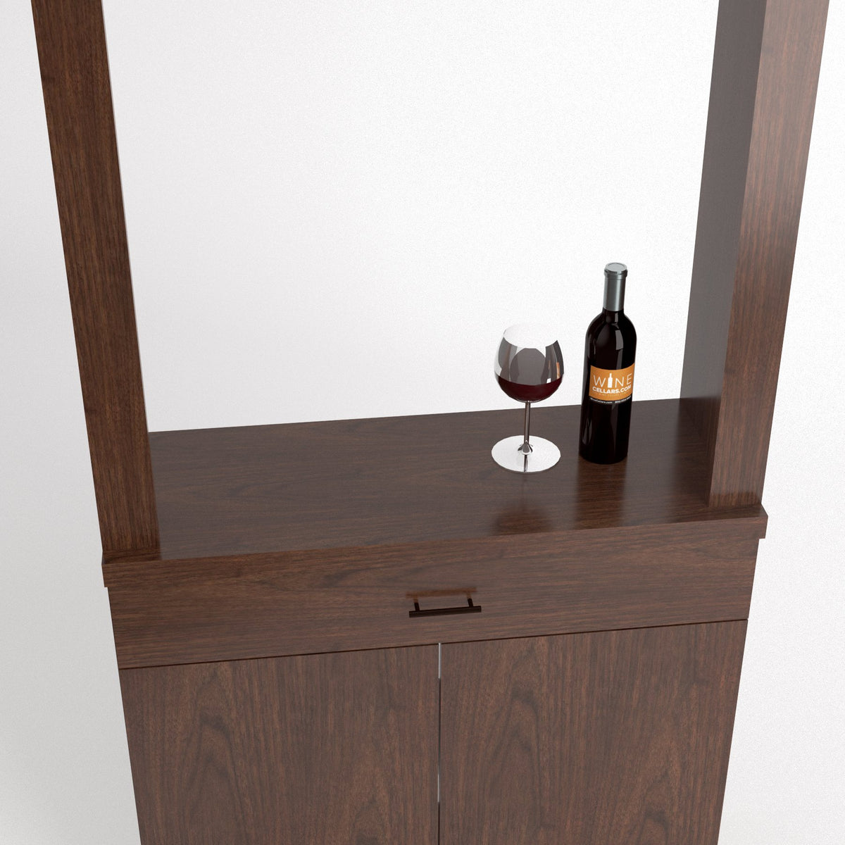 Brown wood wine tasting cabinet with open top ledge, glass and bottle on surface