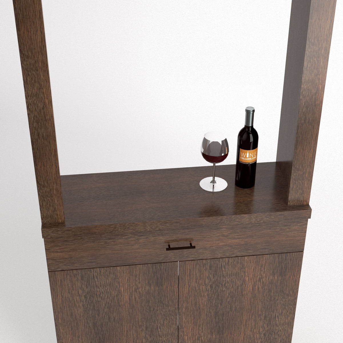 Dark brown wood wine tasting cabinet with glass and bottle on open ledge