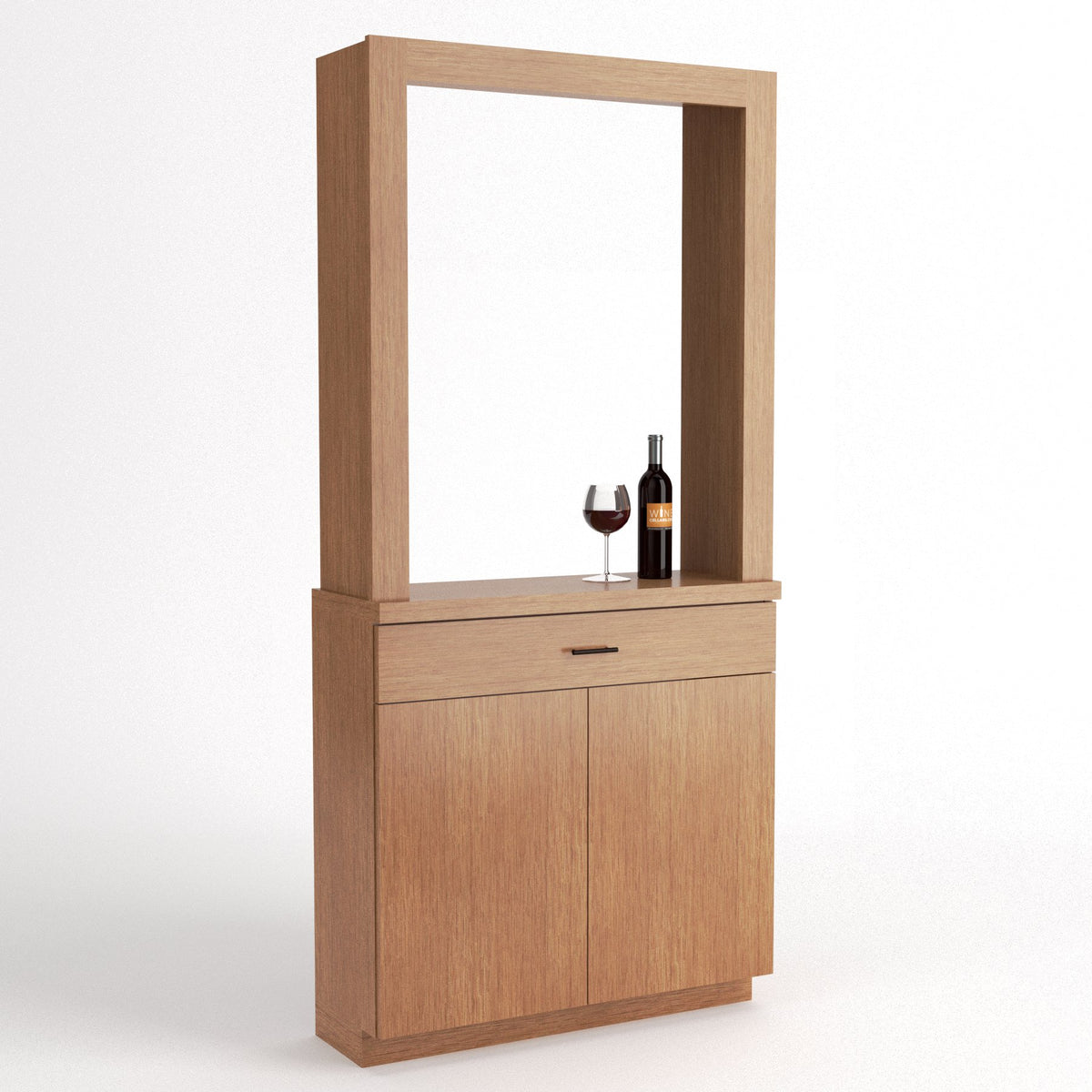 Light wood cabinet-style wine tasting station with framed opening, drawer, and doors