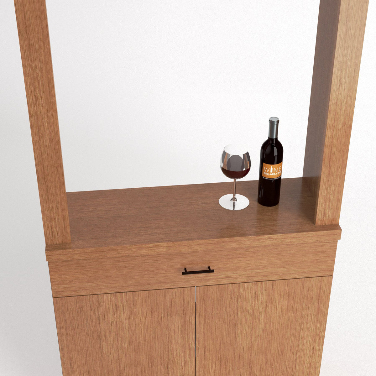 Light wood wine tasting cabinet with open top ledge, wine glass and bottle