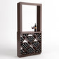 Wine tasting station with diamond-cube wine rack and open top display frame, light brown wood