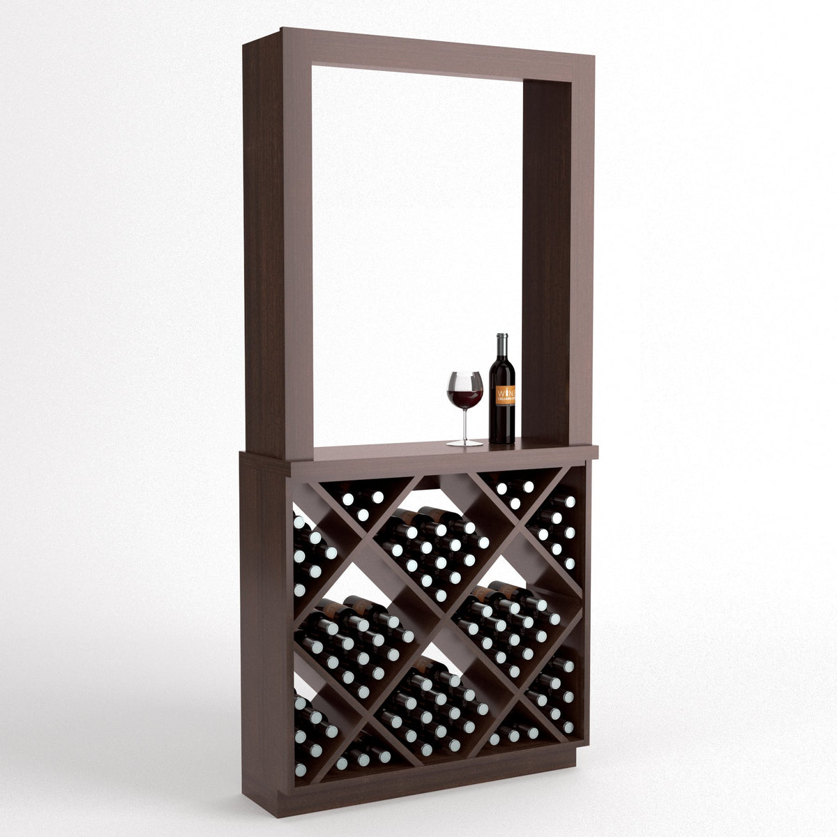 Wine tasting station with diamond-cube wine rack and open top display frame, light brown wood