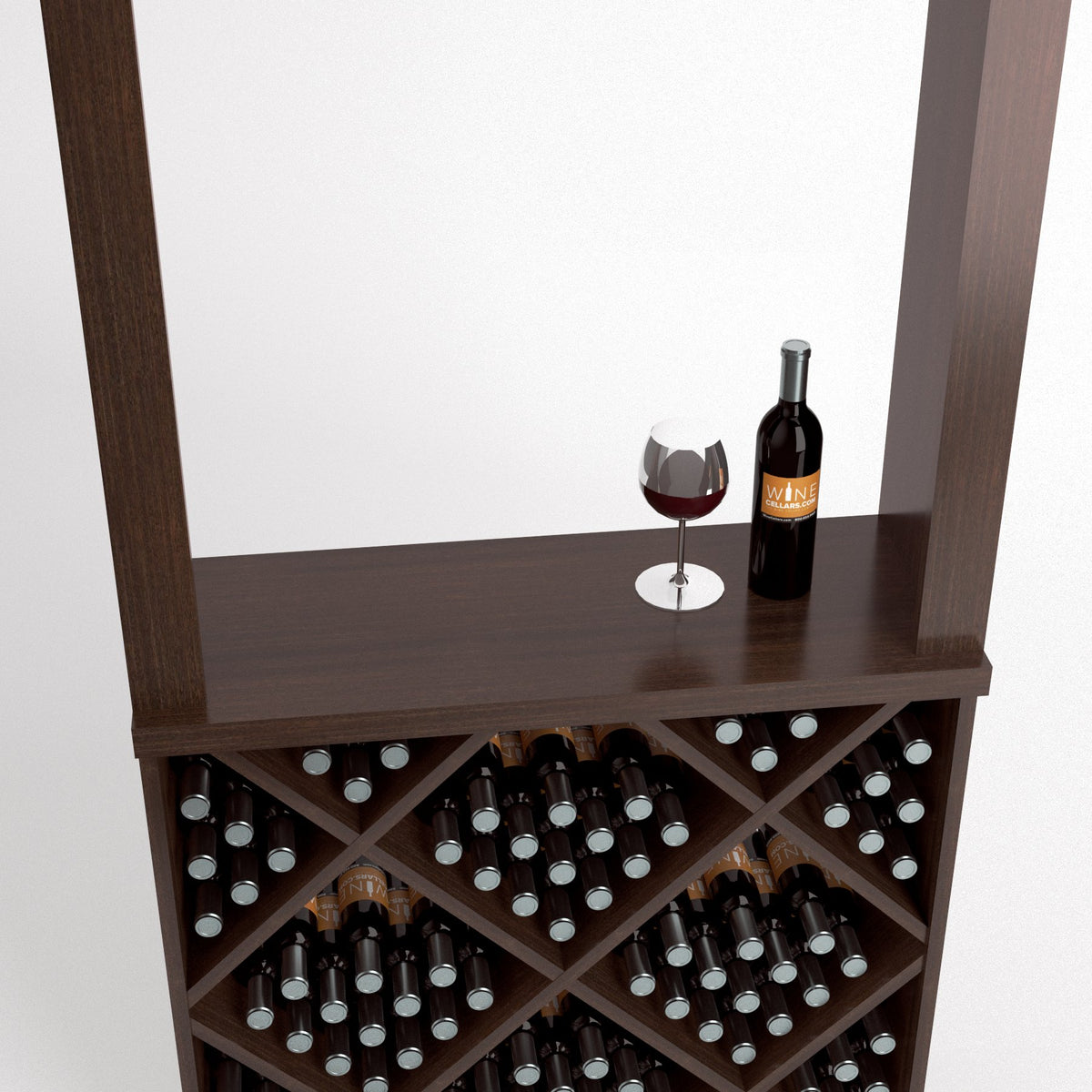 Wine tasting station with diamond-cube wine rack, tabletop and wine bottle with glass, dark brown wood