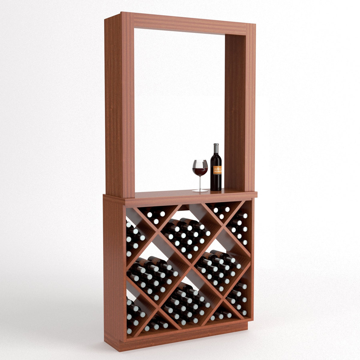 Wine tasting station with diamond-cube wine rack and open top frame, light brown wood