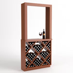 Wine tasting station with diamond-cube wine rack and open top frame, light brown wood