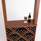 Wine tasting station with diamond-cube wine rack and tabletop display, wine bottle and glass, medium brown wood