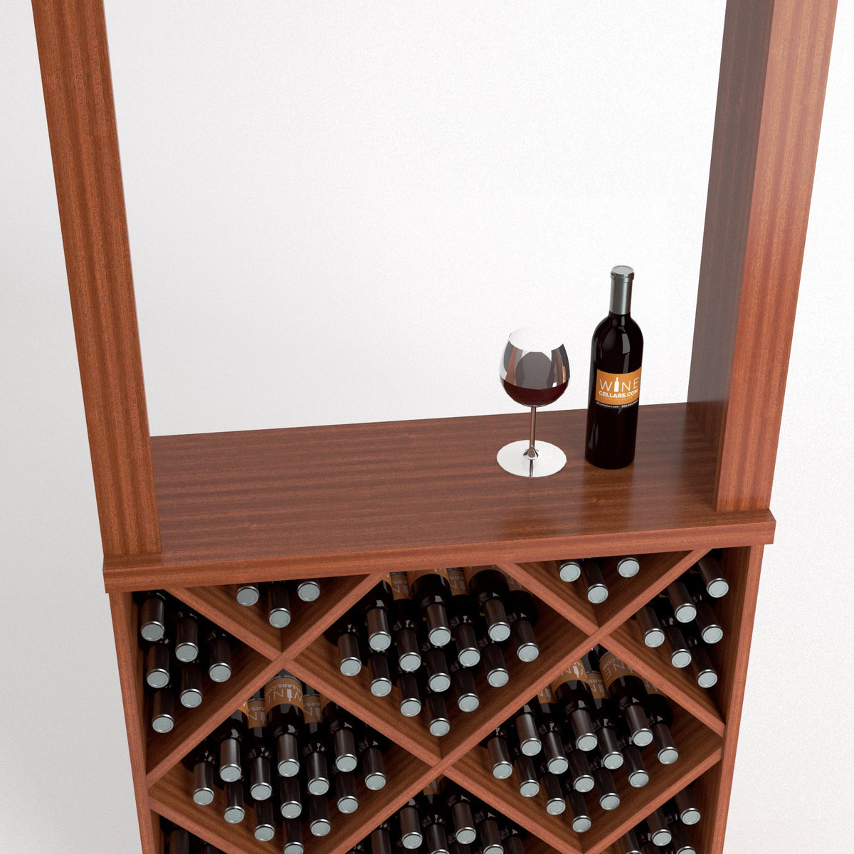 Wine tasting station with diamond-cube wine rack and tabletop display, wine bottle and glass, medium brown wood