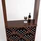 Wine tasting station with diamond-cube wine rack, tabletop and bottle with glass, dark brown wood