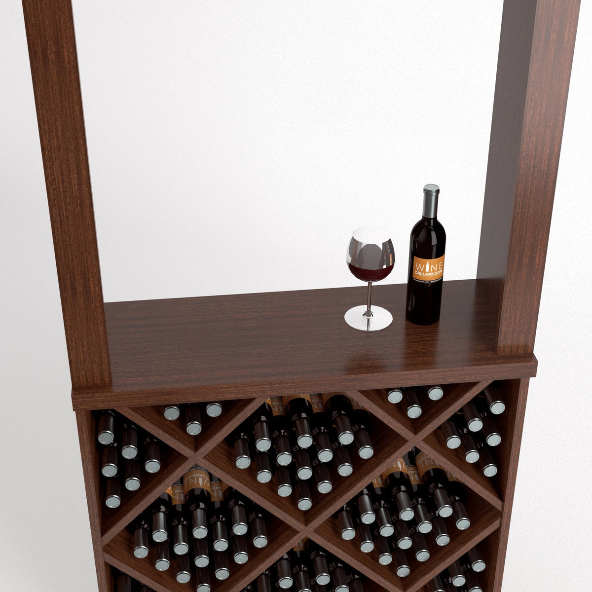 Wine tasting station with diamond-cube wine rack, tabletop and bottle with glass, dark brown wood