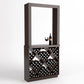 Wine tasting station with diamond-cube wine rack and open top display frame, dark brown wood