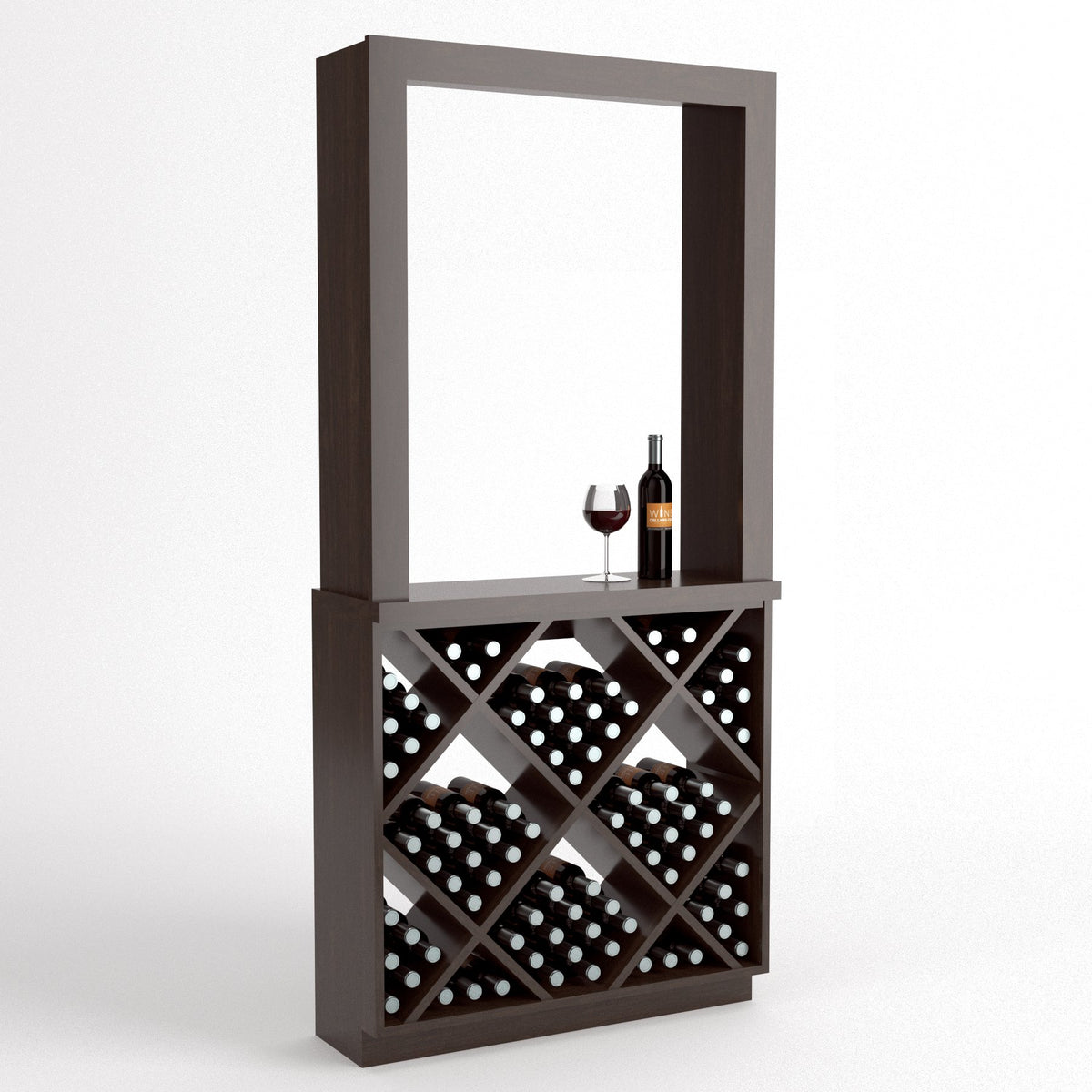 Wine tasting station with diamond-cube wine rack and open top display frame, dark brown wood