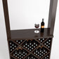 Wine tasting station with diamond-cube wine rack and tabletop display, wine bottle and glass, dark wood