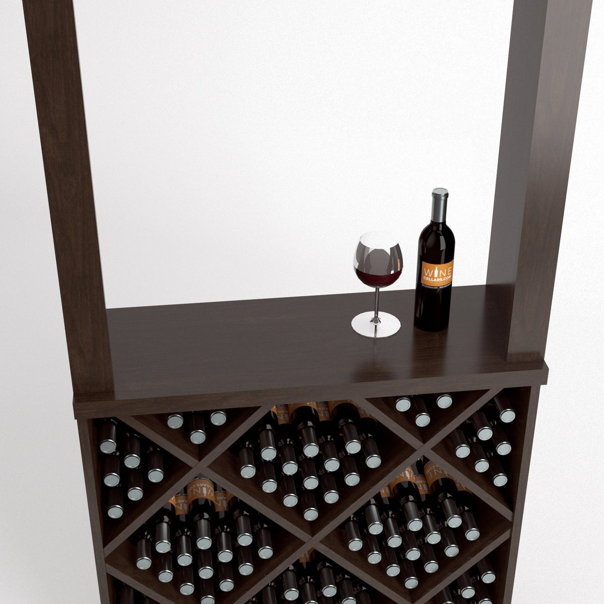 Wine tasting station with diamond-cube wine rack and tabletop display, wine bottle and glass, dark wood