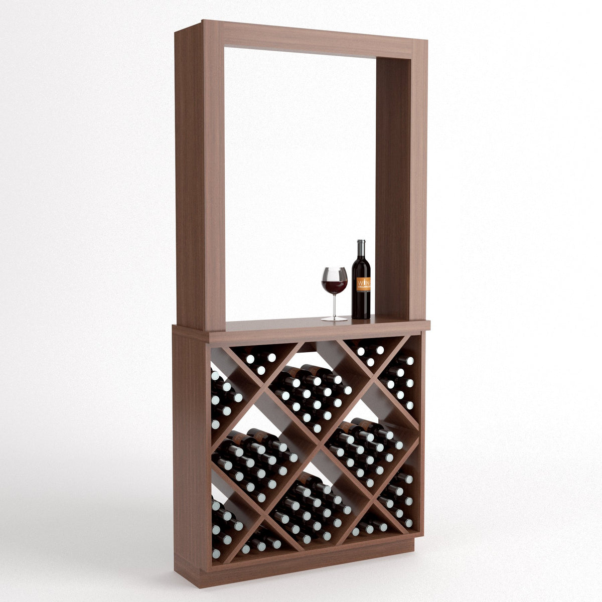 Wine tasting station with diamond-cube wine rack and open top frame, light brown wood