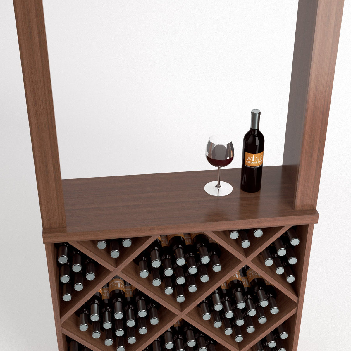 Wine tasting station with diamond-cube wine rack, tabletop display and bottle with glass, dark brown wood