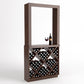 Dark wood wine tasting station with diamond-pattern bottle cubbies and top shelf