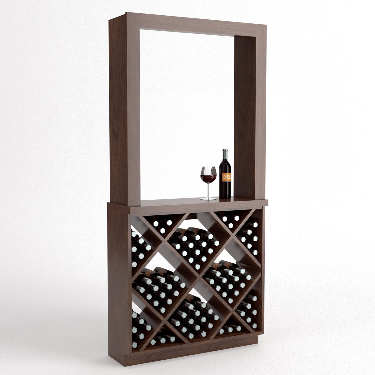 Dark wood wine tasting station with diamond-pattern bottle cubbies and top shelf