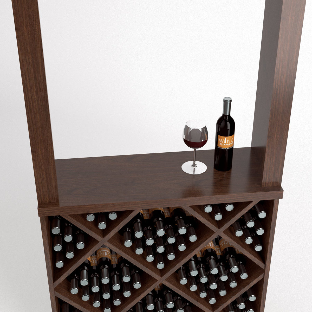 Dark wood wine tasting station showing diamond bottle cube rack and tabletop display