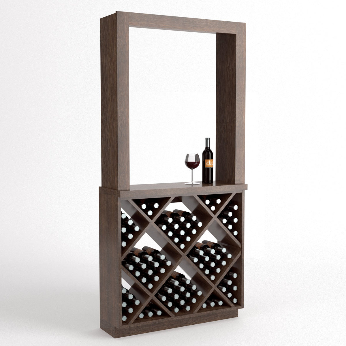 Wine tasting station in medium-toned wood with diamond bottle cubbies and front display