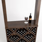 Medium-toned wood wine tasting station with diamond-pattern bottle rack and two wine items