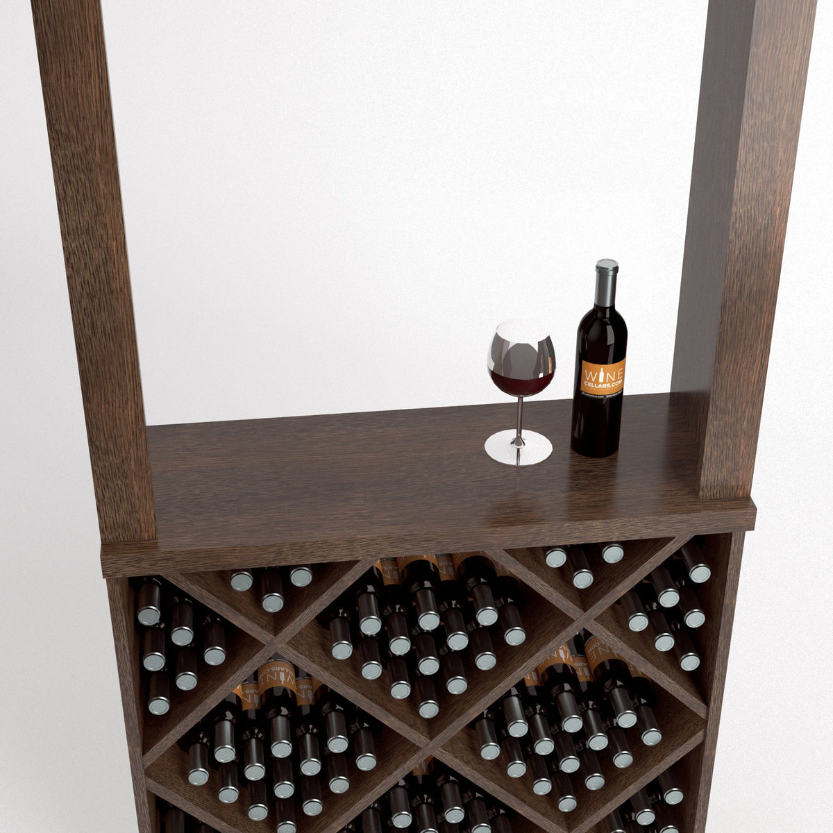 Medium-toned wood wine tasting station with diamond-pattern bottle rack and two wine items