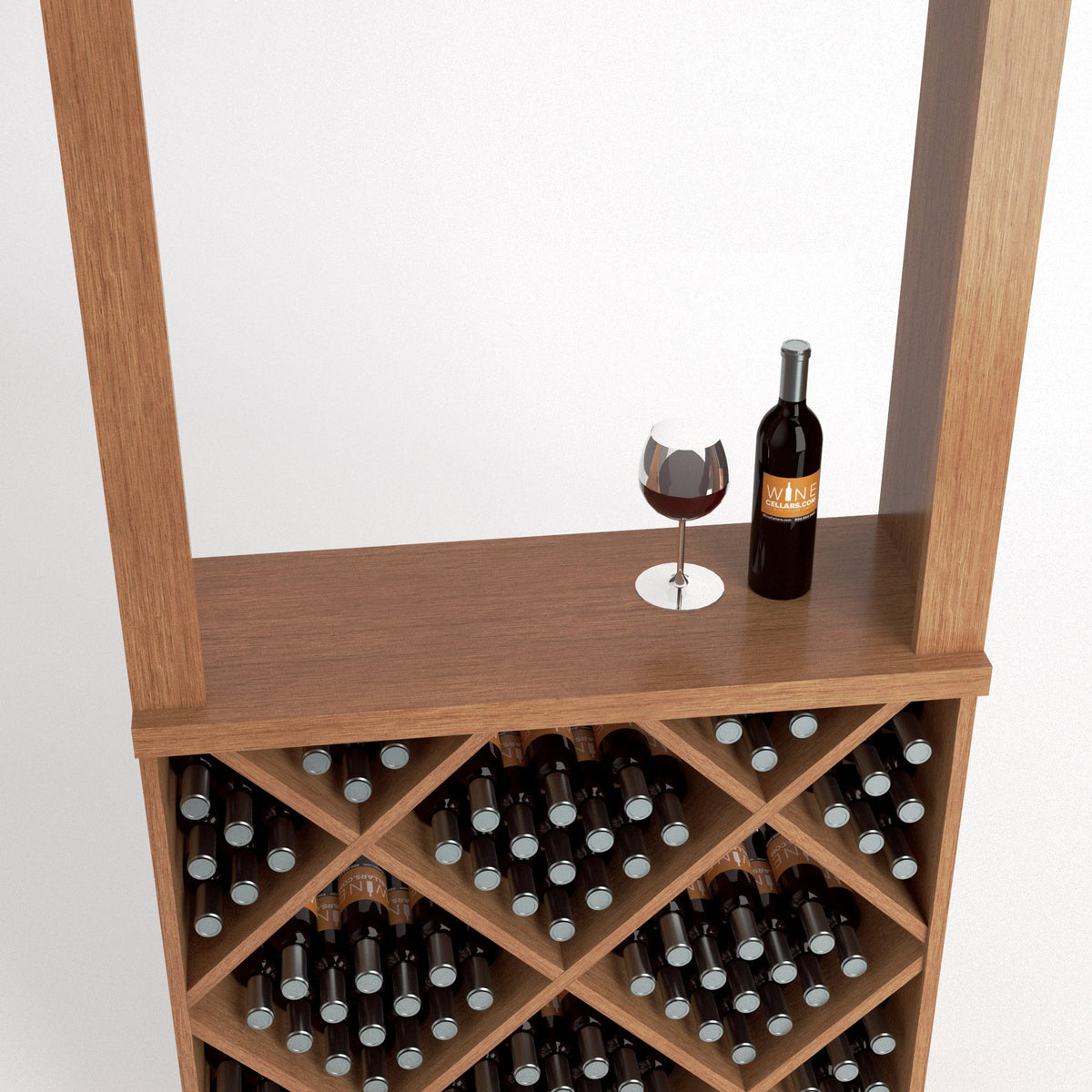Light wood wine tasting station with diamond bottle cubby rack and tabletop wine glass
