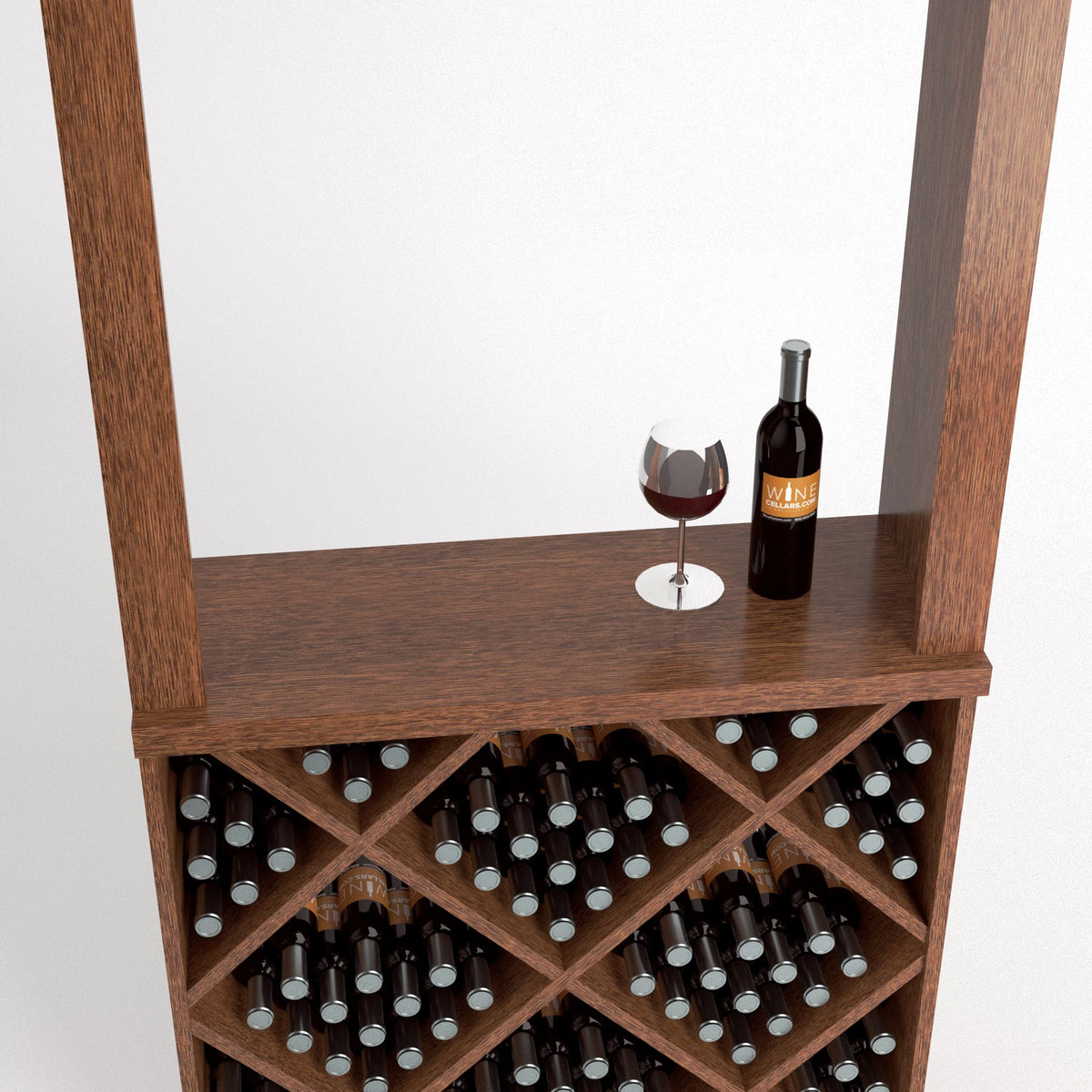 Medium-toned wood wine tasting station with diamond bottle cubbies and glass-and-bottle display