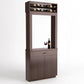 Dark wood wine cabinet with top bottle rack, framed opening, drawer, and doors