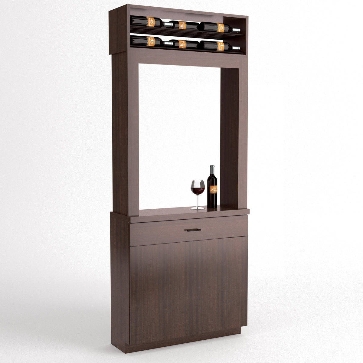 Dark wood wine cabinet with top bottle rack, framed opening, drawer, and doors