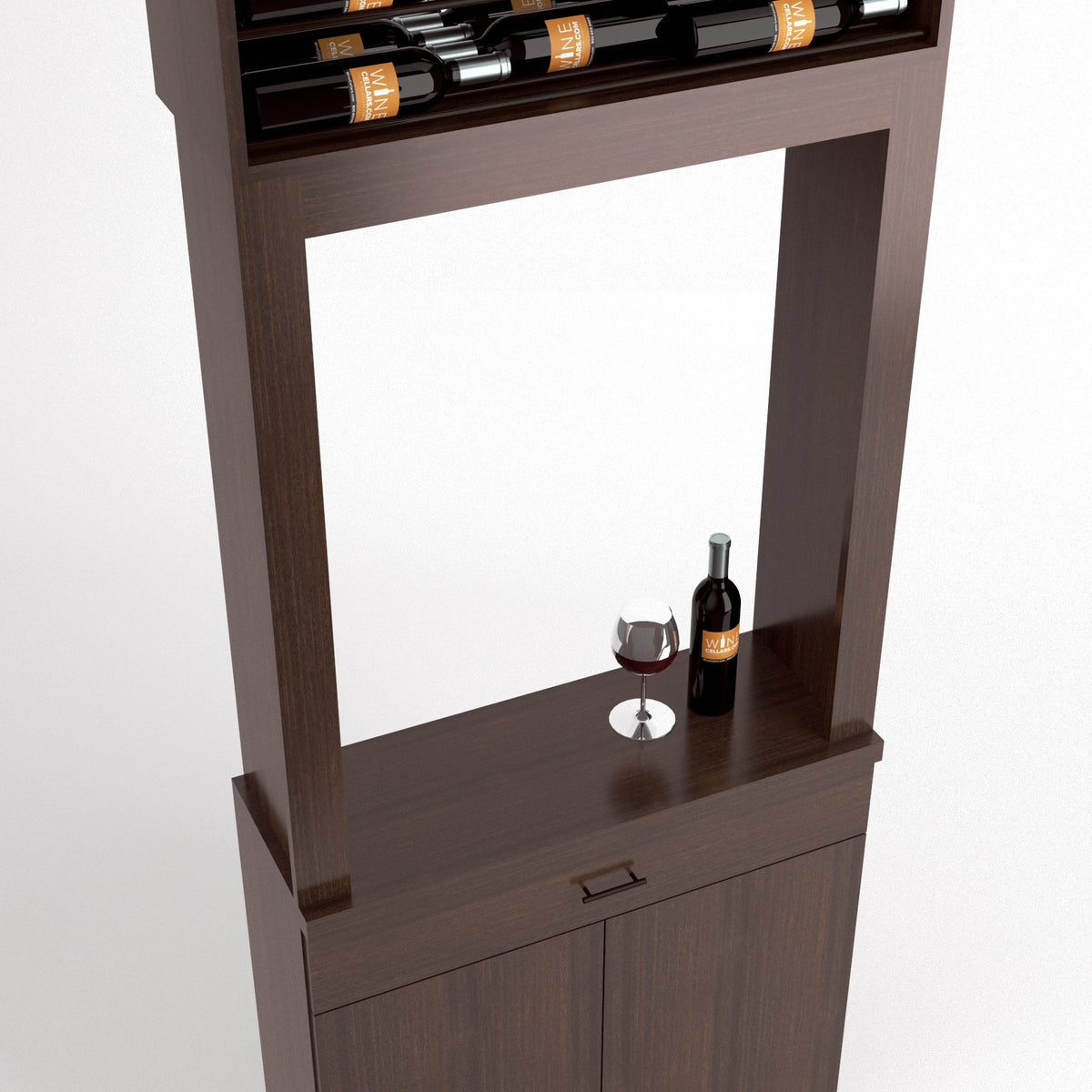 Tasting station cabinet with wine rack, glass holder, and drawer fronts in dark wood