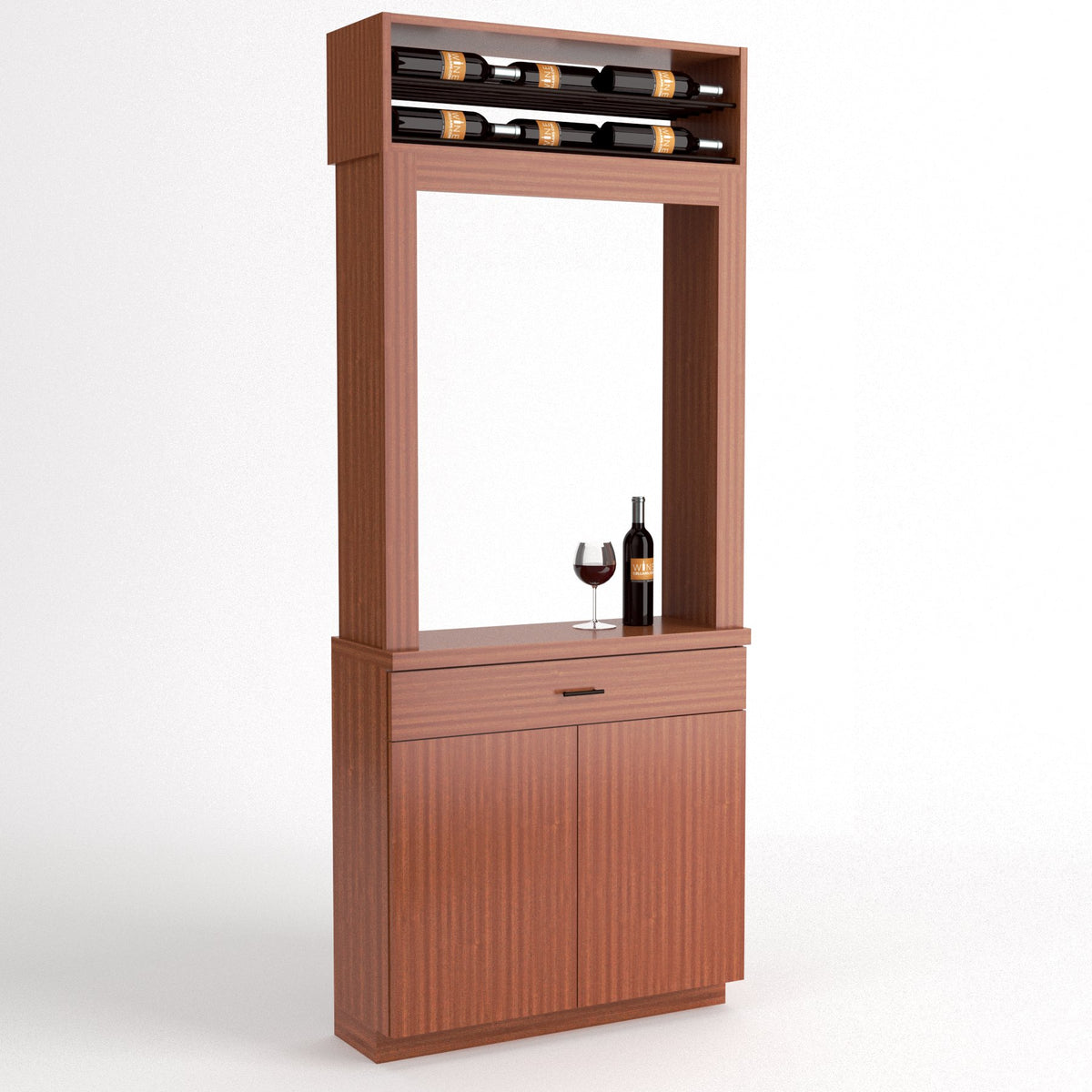 36-inch wood tasting cabinet with wine bottle rack, glass, and lower storage door