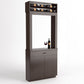 Dark wood tasting cabinet with wine bottle rack, wine glass, and cabinet doors