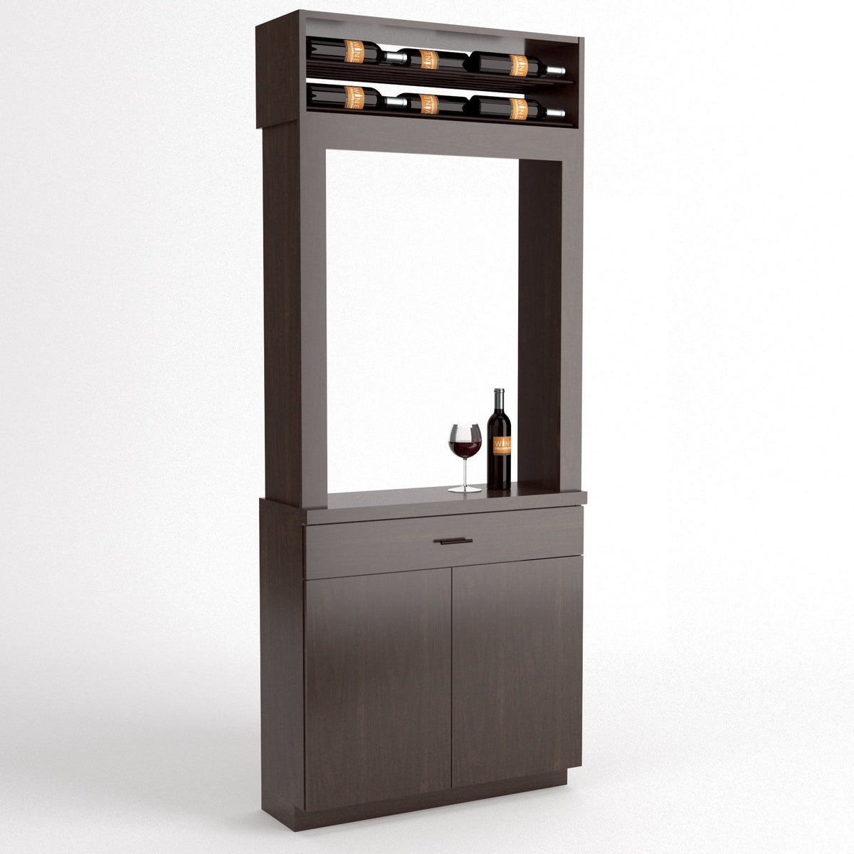 Dark wood tasting cabinet with wine bottle rack, wine glass, and cabinet doors