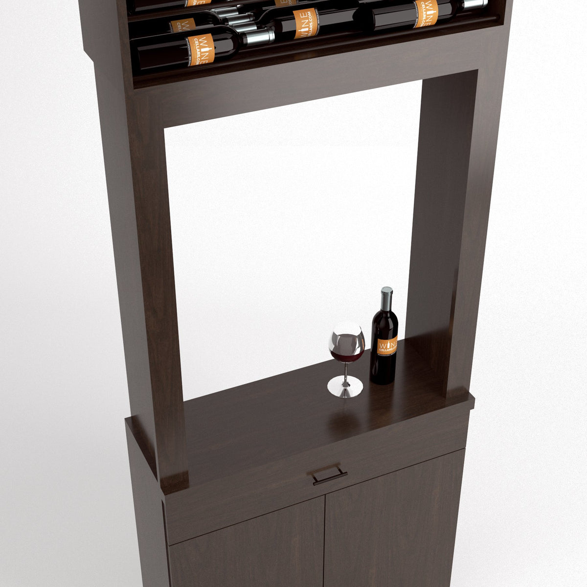 Close-up of wood wine tasting cabinet with bottle rack and countertop glass set