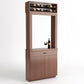 Wood tasting cabinet featuring top bottle rack, wine glass, and lower storage drawer