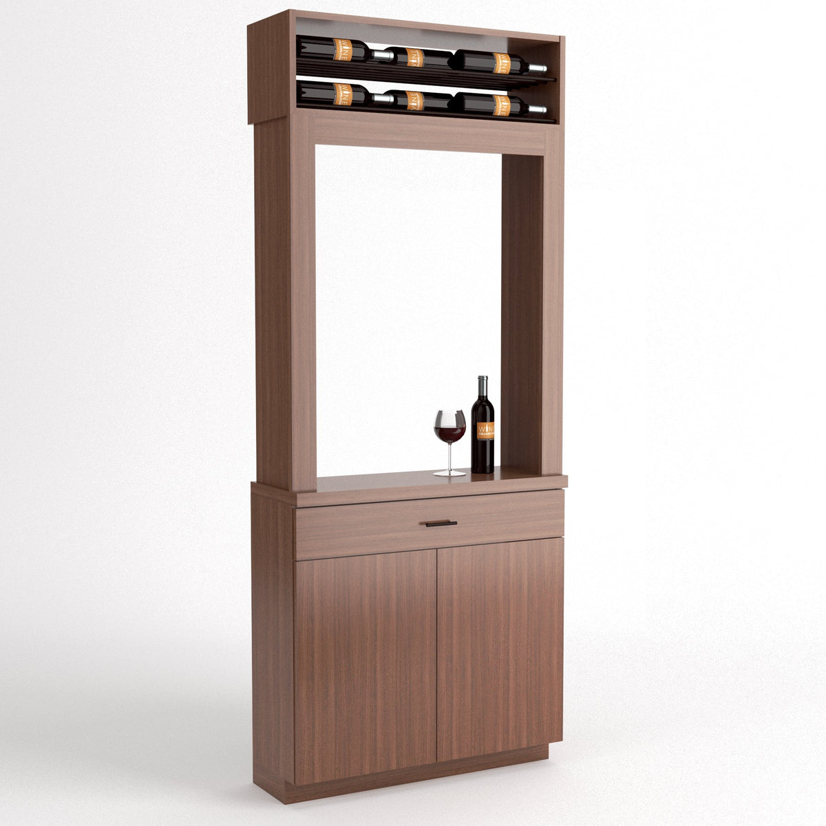 Wood tasting cabinet featuring top bottle rack, wine glass, and lower storage drawer