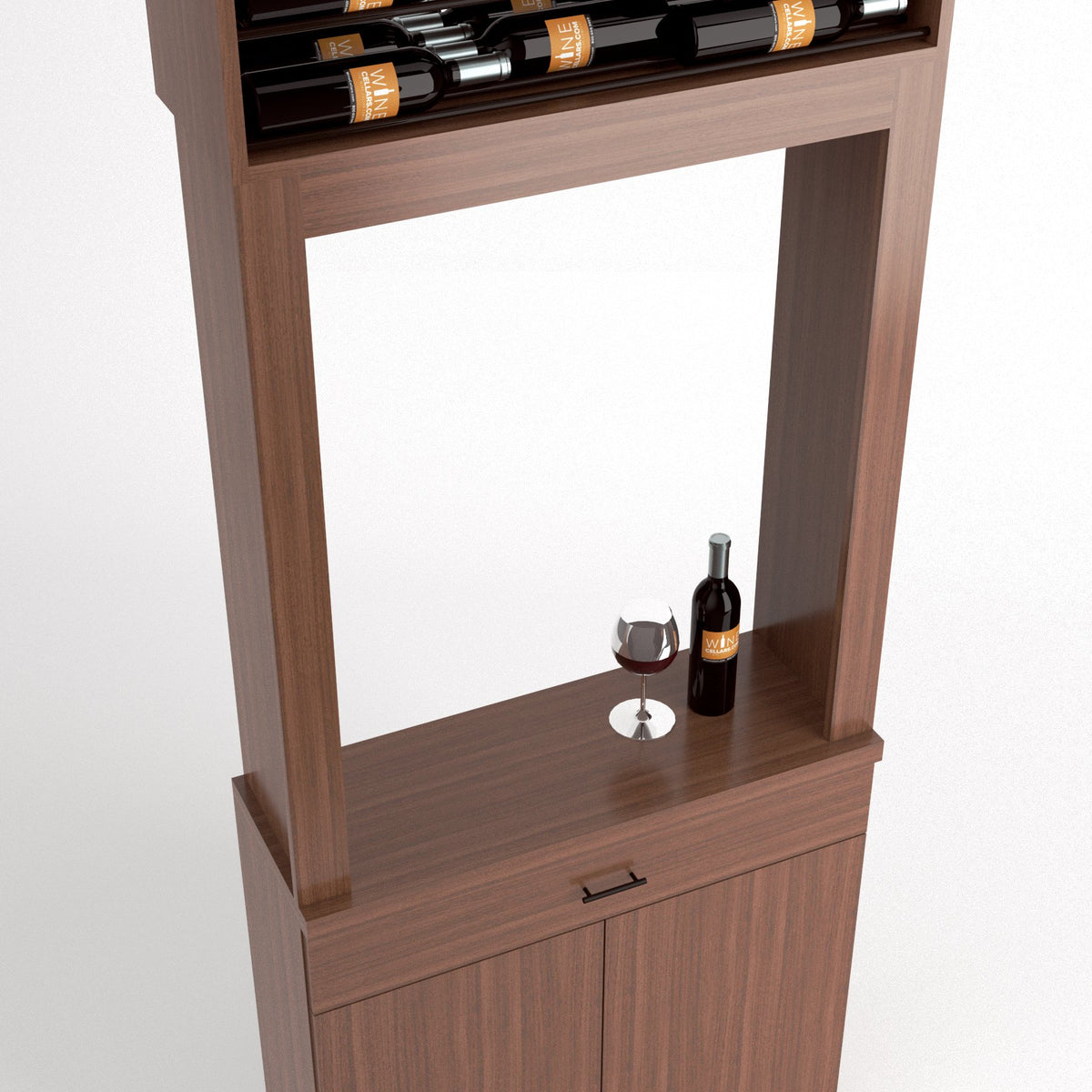 Close-up of wood tasting cabinet opening with wine bottle, goblet, and front drawer
