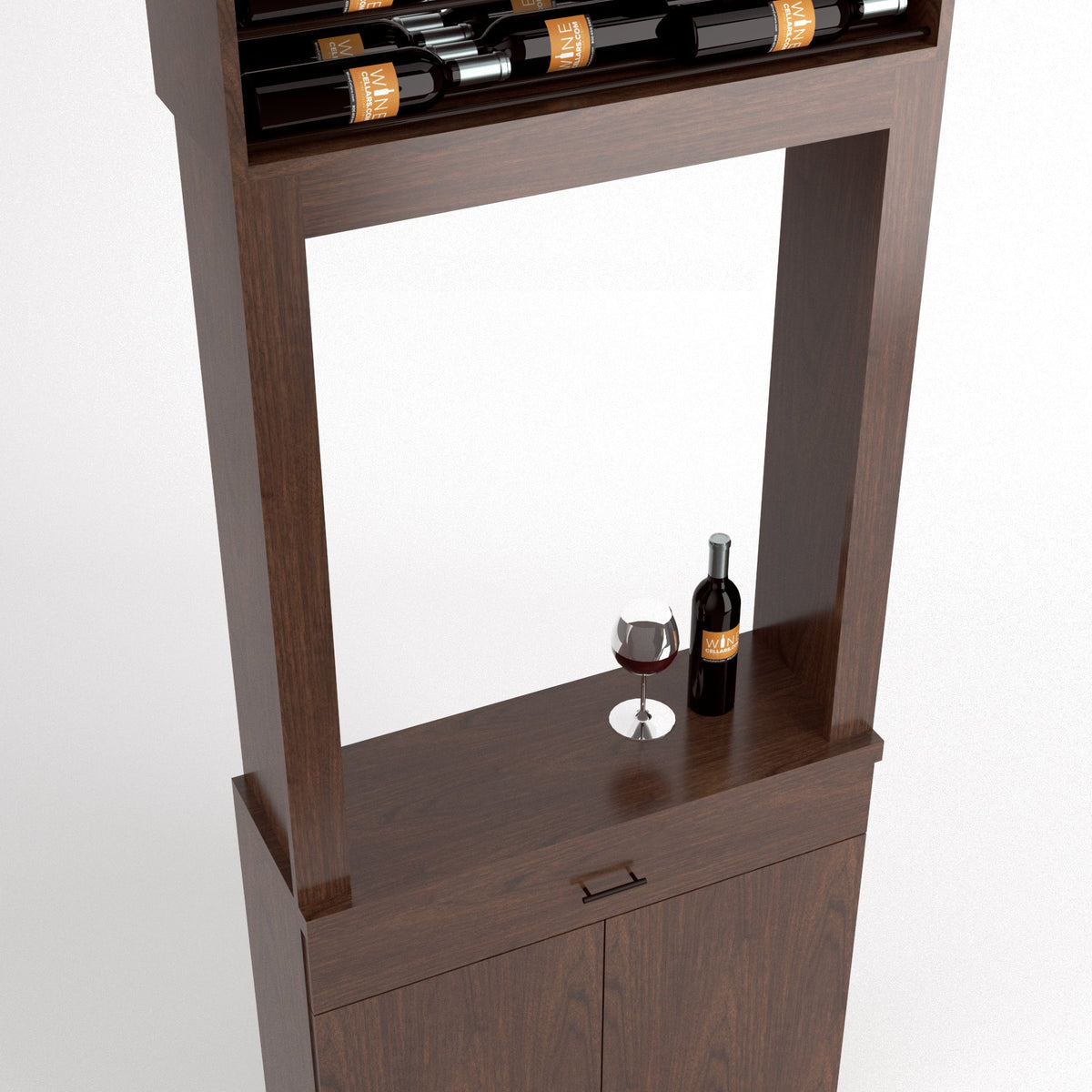 Close-up of wood tasting cabinet opening with wine bottle, glass, and drawer