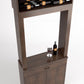 Tasting station cabinet with upper wine rack, open frame, and glass plus bottle on shelf