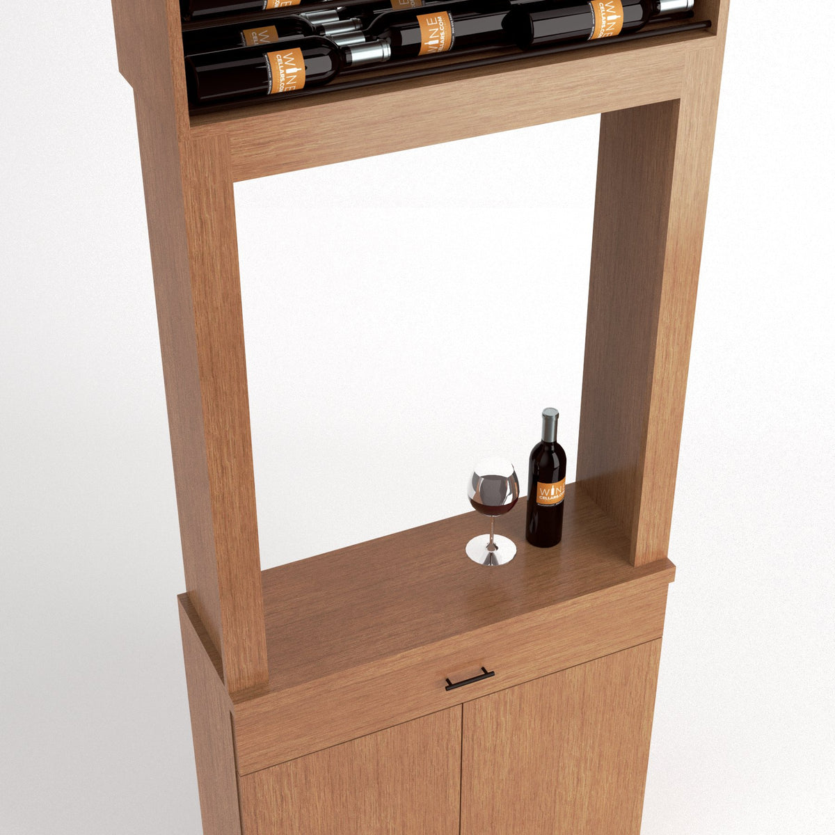 Tasting station cabinet with wine bottles on upper rack and glass on lower shelf, light wood