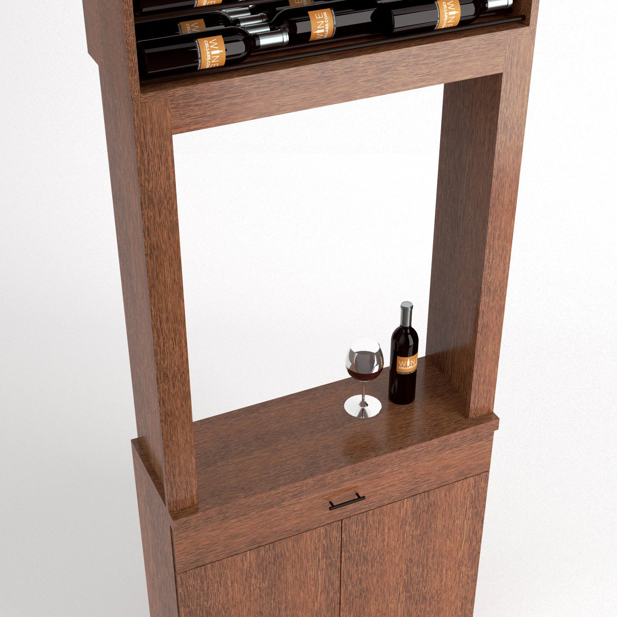 Tasting station cabinet with wine rack and lower drawer, glass and bottle displayed on shelf